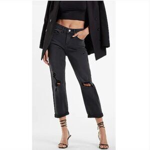 Express Boyfriend Mid Rise Distressed Black Jeans Size 0 NWT